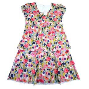 Floral Dress Women's Large Tiered Art Deco Style Short Sleeve Knee Length  ALine